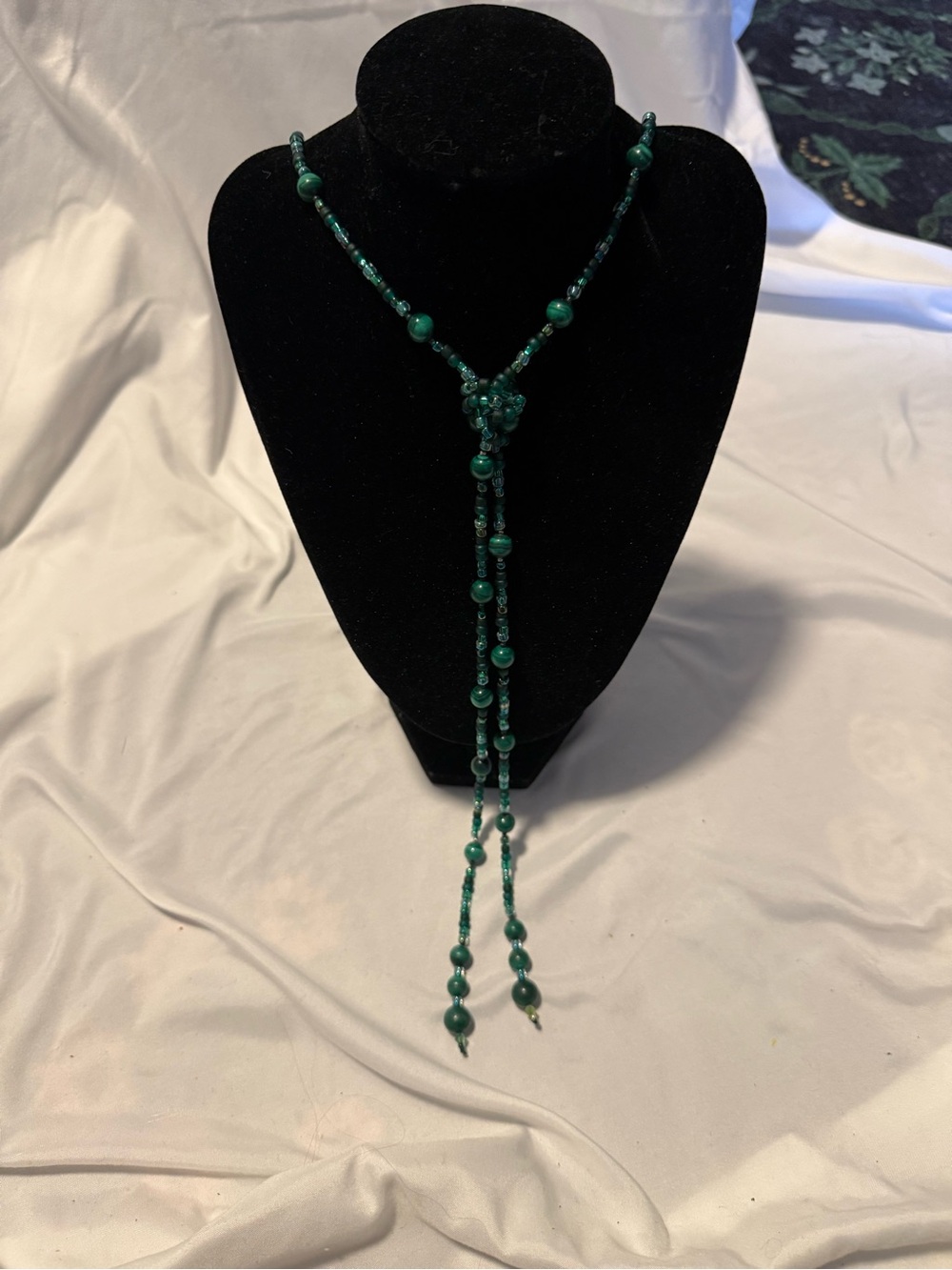 Vintage Long Green Glass Bead Lariat Wrap Necklace Knot Style Tassel 60"